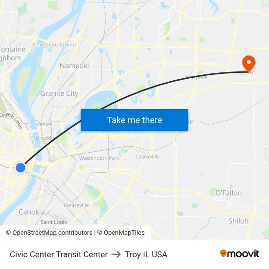 Civic Center Transit Center to Troy IL USA map