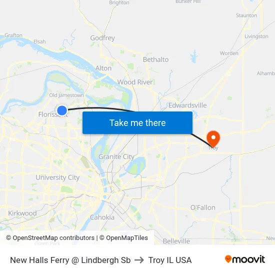 New Halls Ferry @ Lindbergh Sb to Troy IL USA map