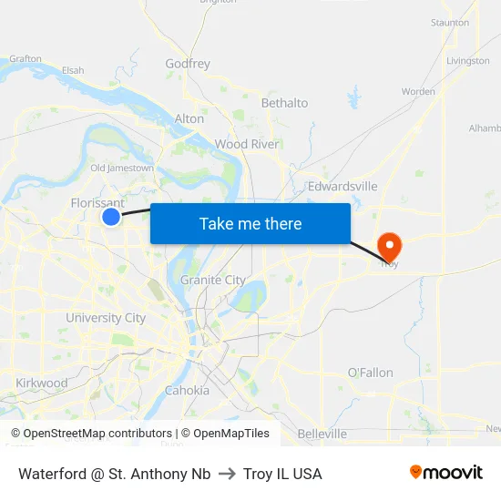 Waterford @ St. Anthony Nb to Troy IL USA map