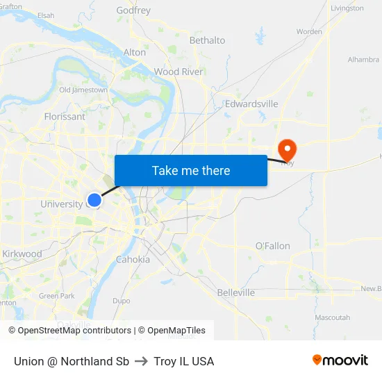Union @ Northland Sb to Troy IL USA map