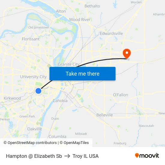 Hampton @ Elizabeth Sb to Troy IL USA map