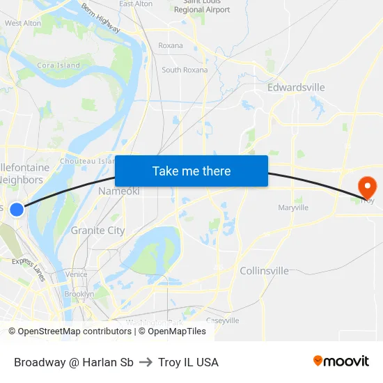 Broadway @ Harlan Sb to Troy IL USA map