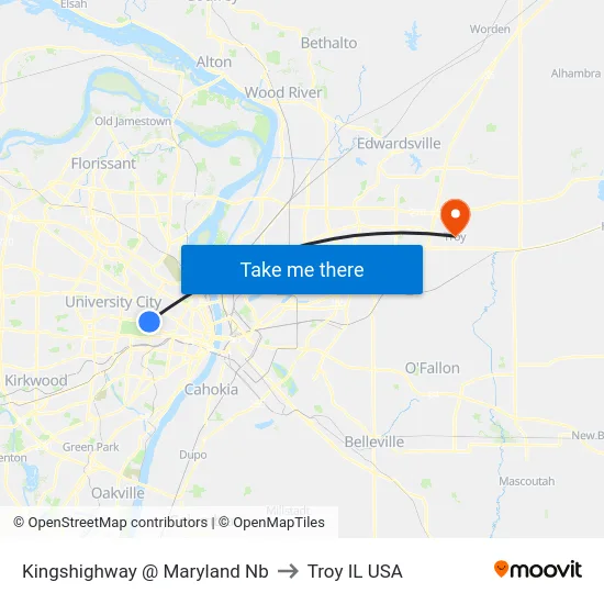 Kingshighway @ Maryland Nb to Troy IL USA map