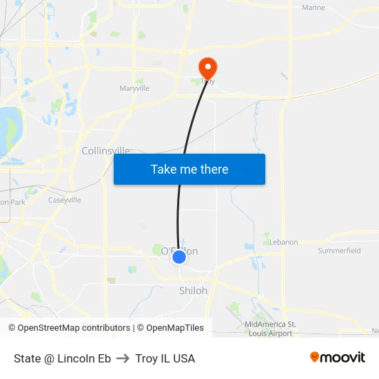 State @ Lincoln Eb to Troy IL USA map