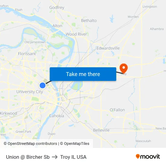 Union @ Bircher Sb to Troy IL USA map