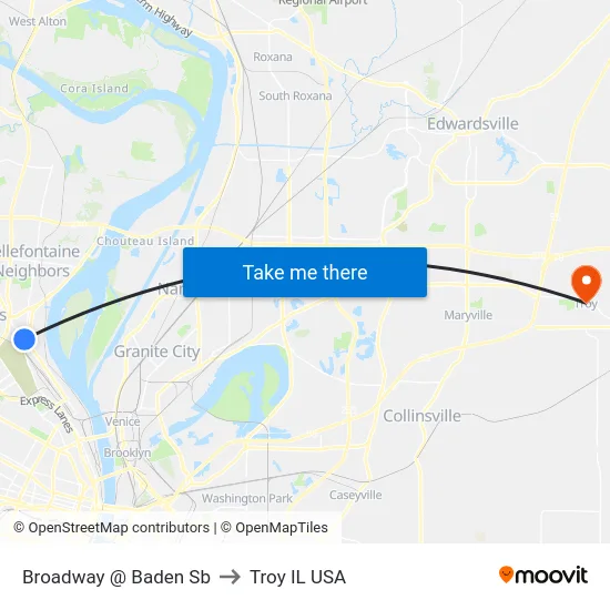Broadway @ Baden Sb to Troy IL USA map