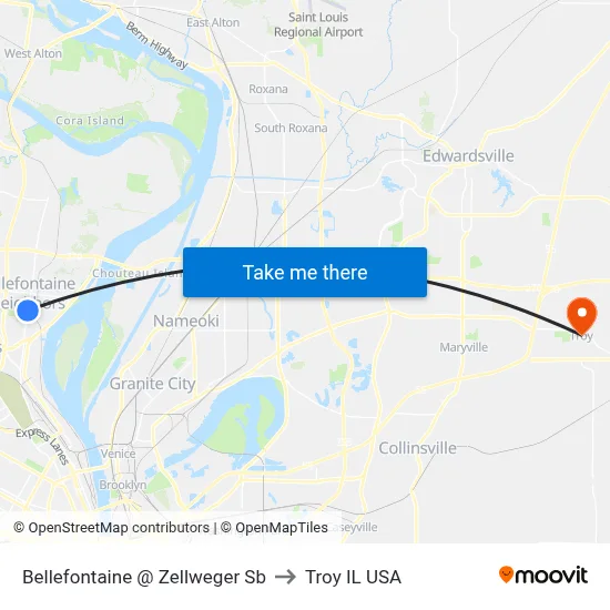 Bellefontaine @ Zellweger Sb to Troy IL USA map
