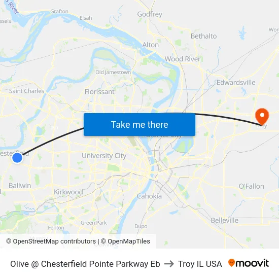 Olive @ Chesterfield Pointe Parkway Eb to Troy IL USA map