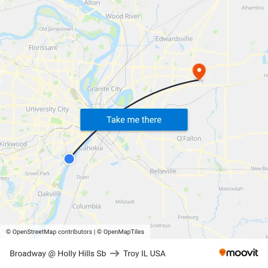 Broadway @ Holly Hills Sb to Troy IL USA map