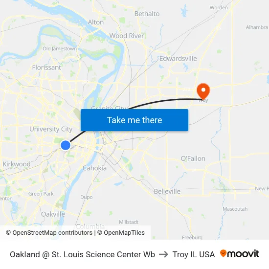 Oakland @ St. Louis Science Center Wb to Troy IL USA map