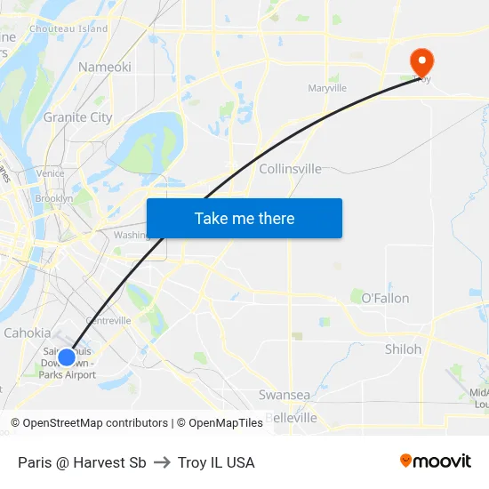 Paris @ Harvest Sb to Troy IL USA map