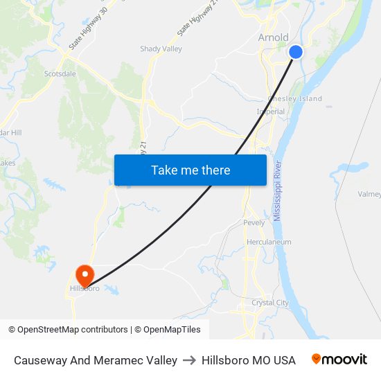 Causeway And Meramec Valley to Hillsboro MO USA map