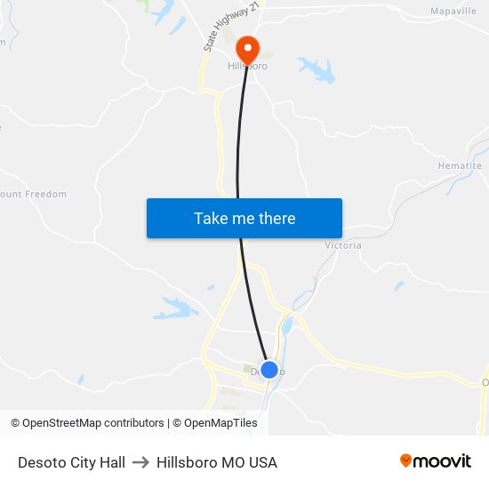 Desoto City Hall to Hillsboro MO USA map