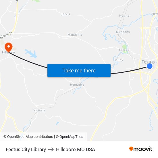 Festus City Library to Hillsboro MO USA map