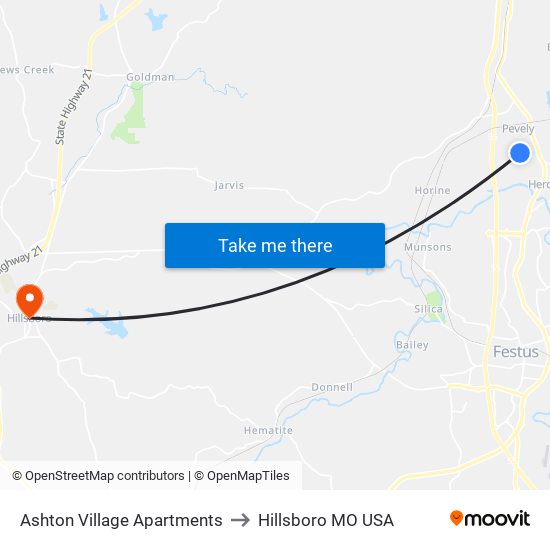 Ashton Village Apartments to Hillsboro MO USA map