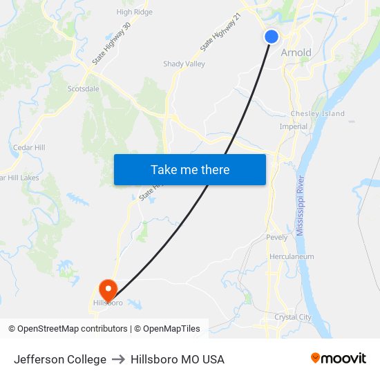 Jefferson College to Hillsboro MO USA map