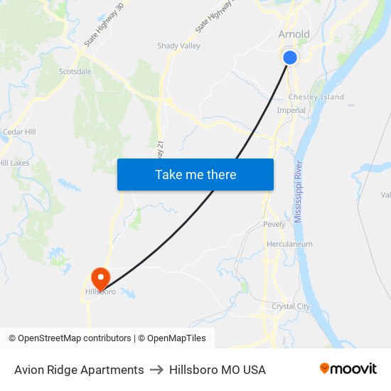 Avion Ridge Apartments to Hillsboro MO USA map