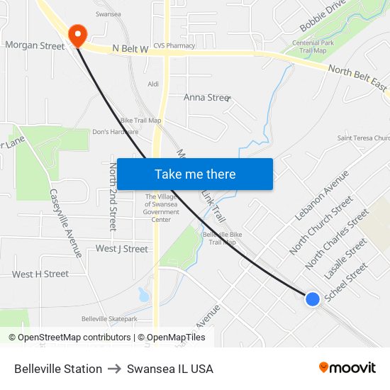 Belleville Station to Swansea IL USA map