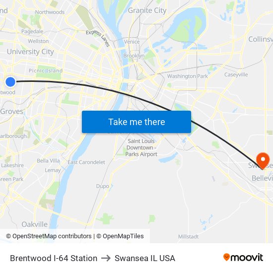 Brentwood I-64 Station to Swansea IL USA map