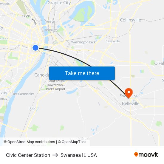 Civic Center Station to Swansea IL USA map