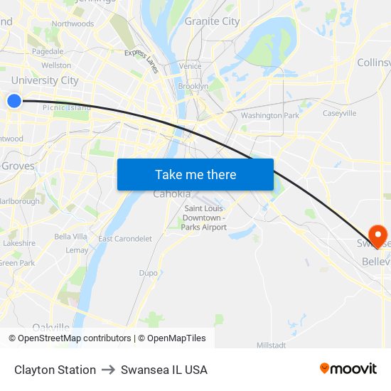 Clayton Station to Swansea IL USA map