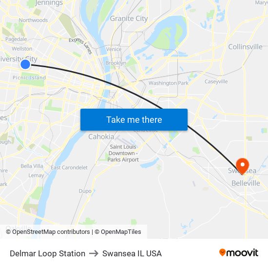 Delmar Loop Station to Swansea IL USA map