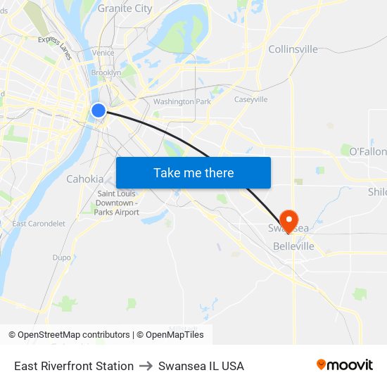 East Riverfront Station to Swansea IL USA map
