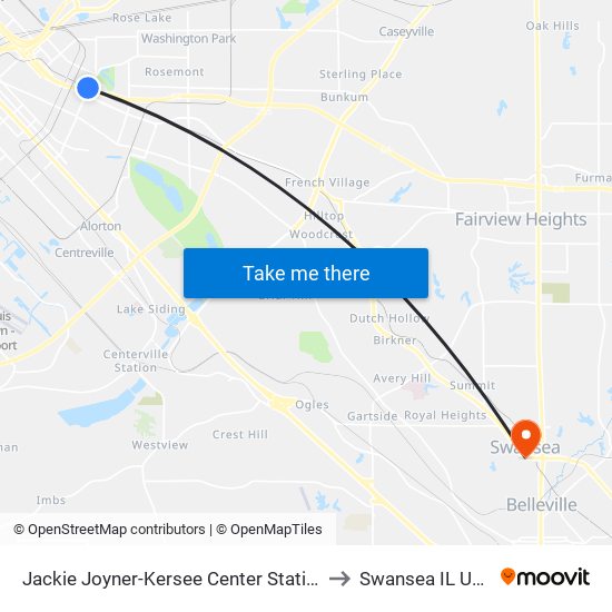 Jackie Joyner-Kersee Center Station to Swansea IL USA map