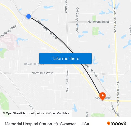 Memorial Hospital Station to Swansea IL USA map