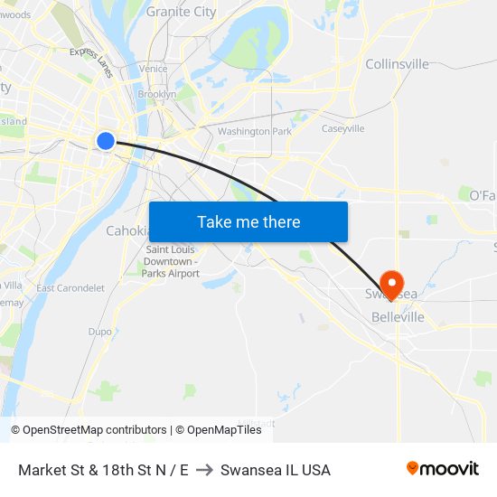 Market St & 18th St N / E to Swansea IL USA map