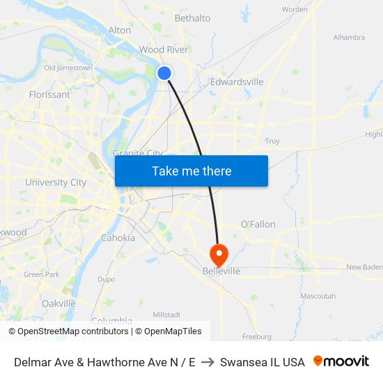 Delmar Ave & Hawthorne Ave N / E to Swansea IL USA map