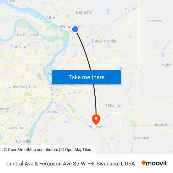 Central Ave & Ferguson Ave S / W to Swansea IL USA map