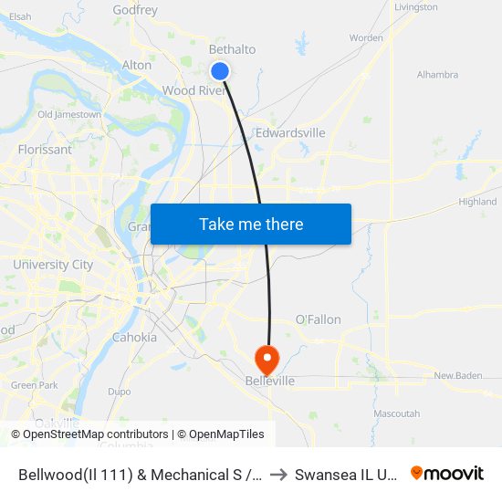 Bellwood(Il 111) & Mechanical S / W to Swansea IL USA map