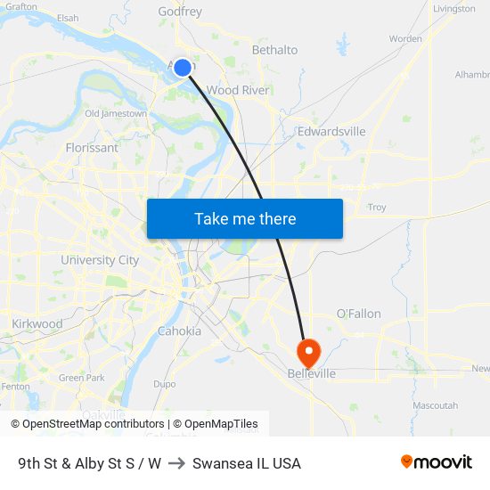 9th St & Alby St S / W to Swansea IL USA map