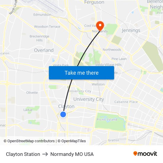 Clayton Station to Normandy MO USA map