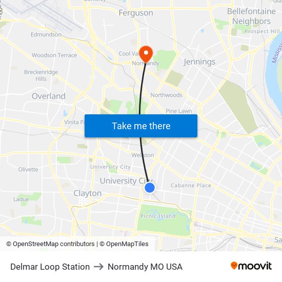 Delmar Loop Station to Normandy MO USA map