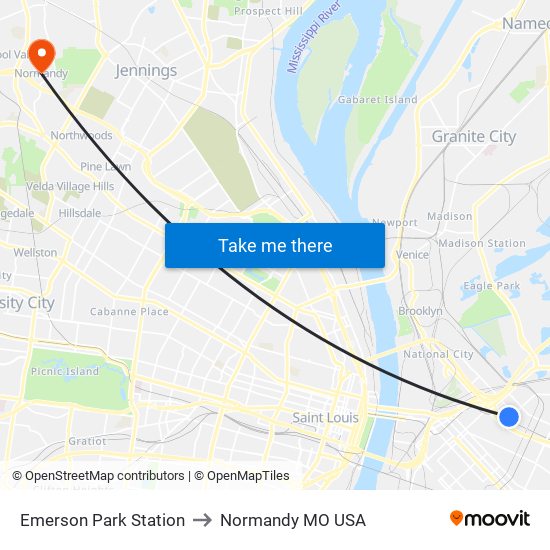 Emerson Park Station to Normandy MO USA map