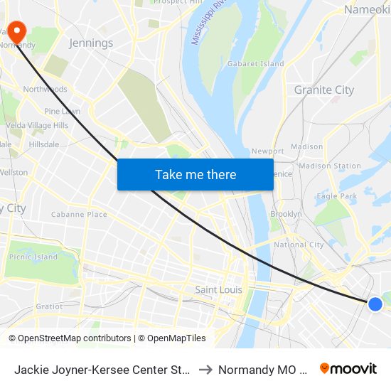 Jackie Joyner-Kersee Center Station to Normandy MO USA map