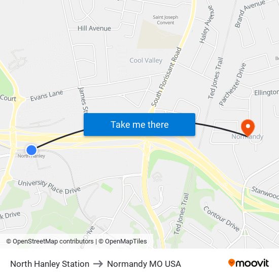 North Hanley Station to Normandy MO USA map