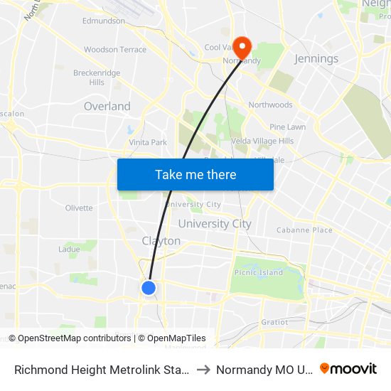 Richmond Height Metrolink Station to Normandy MO USA map