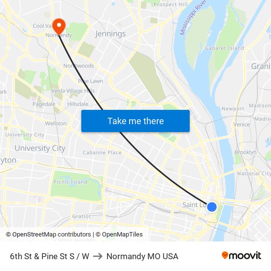 6th St & Pine St S / W to Normandy MO USA map