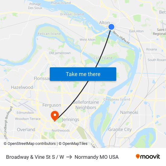 Broadway & Vine St S / W to Normandy MO USA map