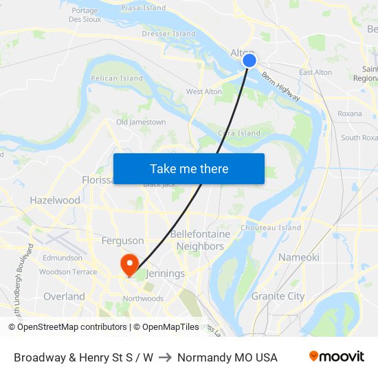 Broadway & Henry St S / W to Normandy MO USA map