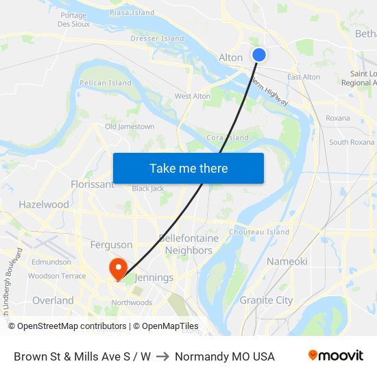 Brown St & Mills Ave S / W to Normandy MO USA map