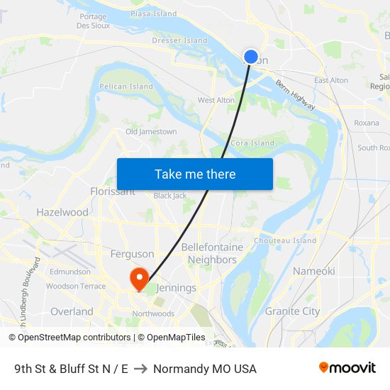 9th St & Bluff St N / E to Normandy MO USA map