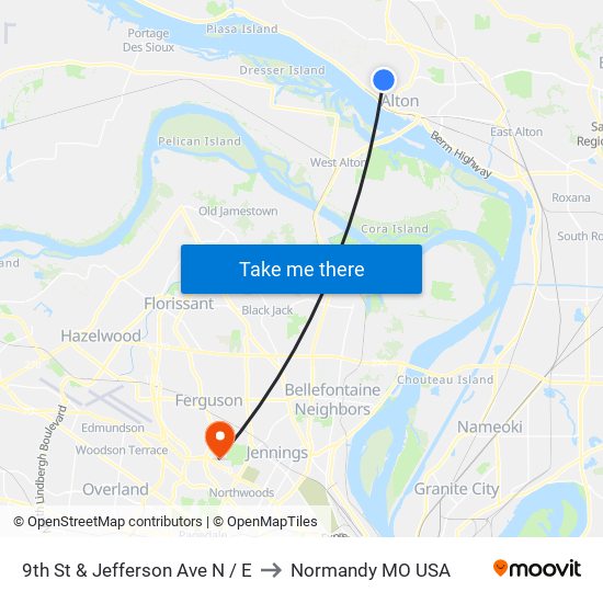 9th St & Jefferson Ave N / E to Normandy MO USA map