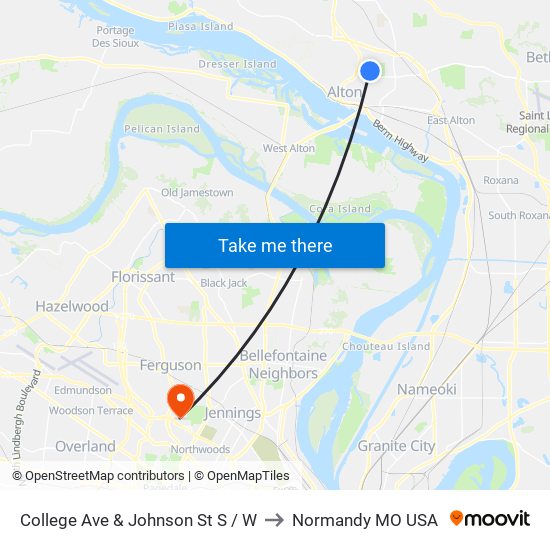 College Ave & Johnson St S / W to Normandy MO USA map