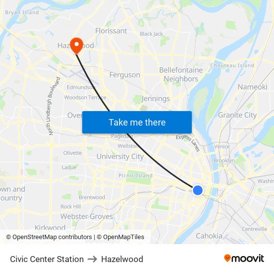 Civic Center Station to Hazelwood map