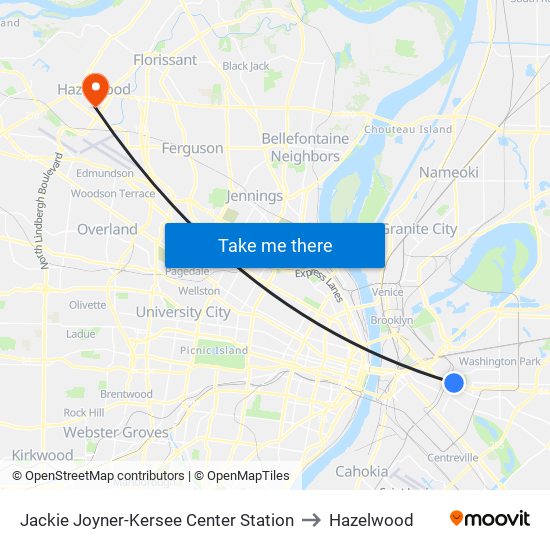 Jackie Joyner-Kersee Center Station to Hazelwood map