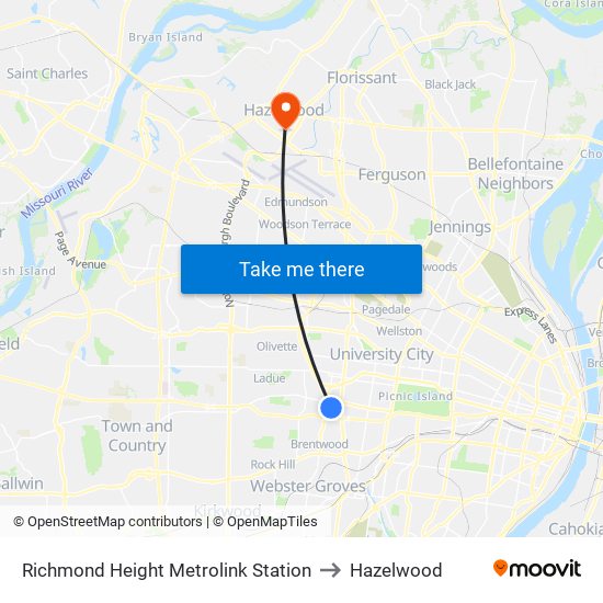 Richmond Height Metrolink Station to Hazelwood map